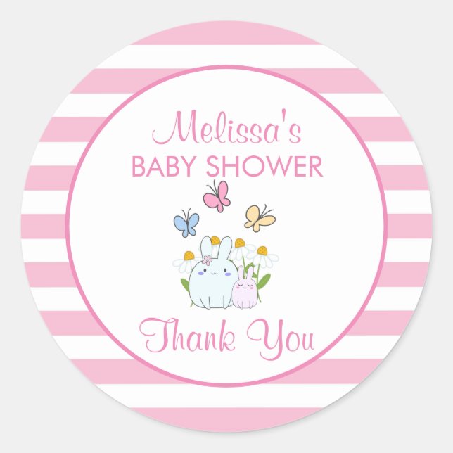 Bunnies, Butterflies & Daisies Baby Shower Thanks Classic Round Sticker (Front)