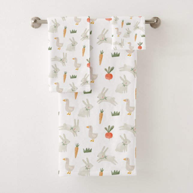 Bunnies & Ducks on the Farm Pattern Bath Towel Set (Insitu)