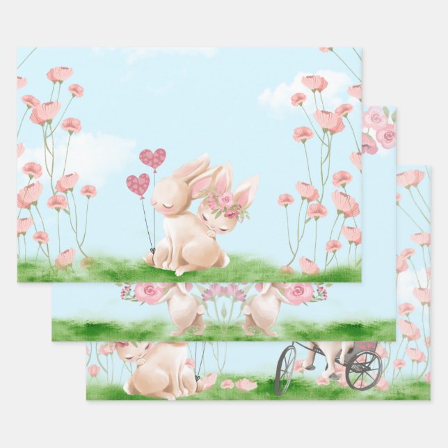 Bunnies en Love Wrapper Papier Plat Set de 3 (Lot)