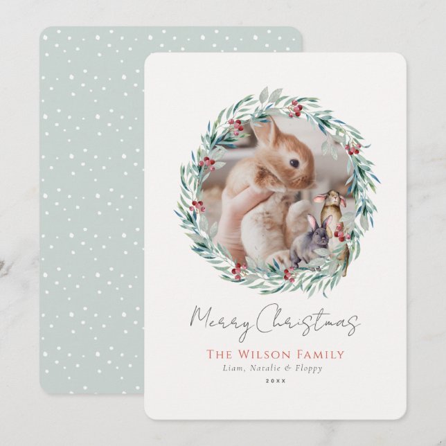 Bunnies Greenery Wreath Photo Christmas Holiday Card (Front/Back)