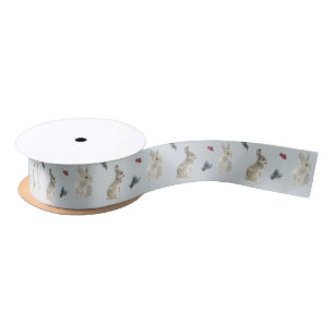 Bunnies, Holly, and Berries Blue Satin Ribbon