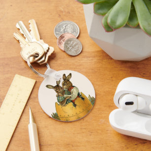 Bunnies in a Gold Egg, Vintage Victorian Easter Keychain