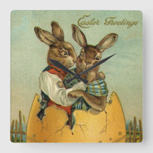 Bunnies in a Gold Egg, Vintage Victorian Easter  Square Wall Clock