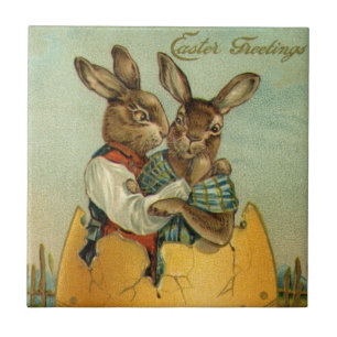 Bunnies in a Gold Egg, Vintage Victorian Easter  Tile