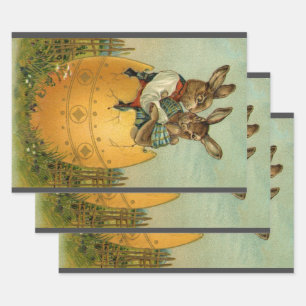 Bunnies in a Gold Egg, Vintage Victorian Easter Wrapping Paper Sheet