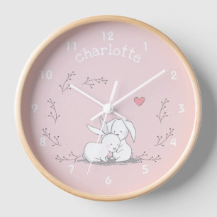 Bunnies in a Wreath - Cute Pink Nursery / Kids  Clock