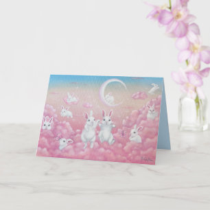 Bunnies in Pink Clouds Whimsical Art Card