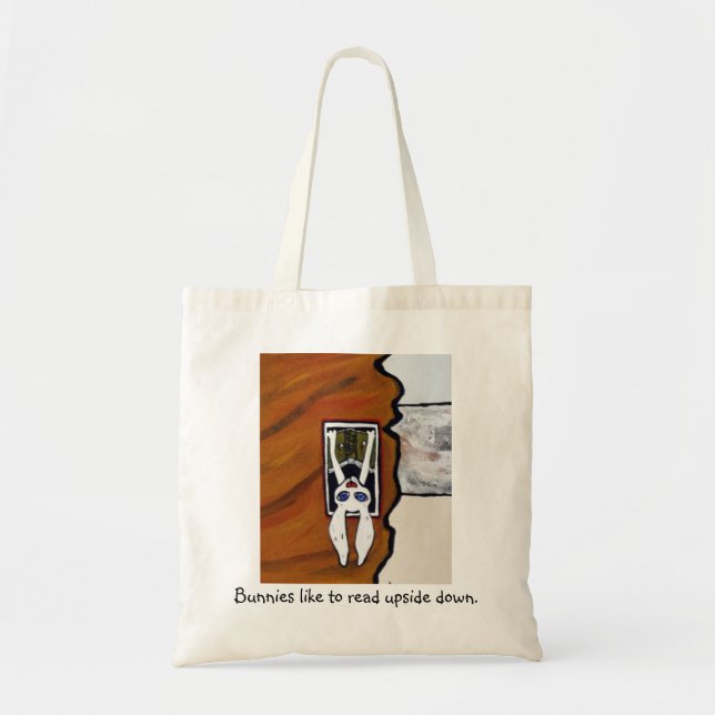 Bunnies like to read upside down. tote bag (Front)