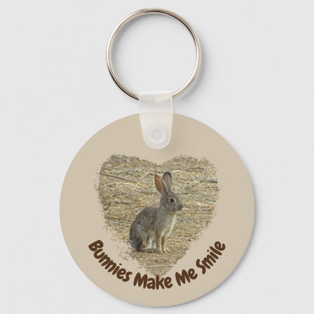 Bunnies Make Me Smile Heart Brown Cute Bunny Keychain (Front)