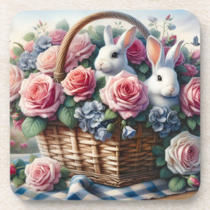 Bunnies Nestled Among Cottage Roses Coaster