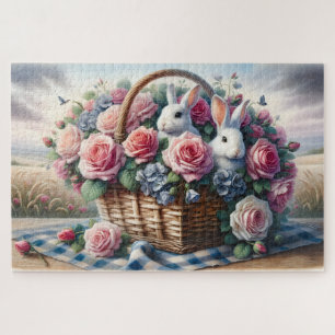 Bunnies Nestled Among Cottage Roses Jigsaw Puzzle
