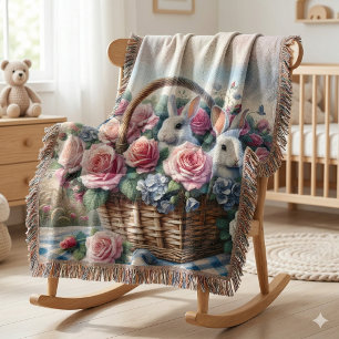Bunnies Nestled Among Cottage Roses Throw Blanket