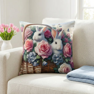 Bunnies Nestled Among Cottage Roses Throw Pillow