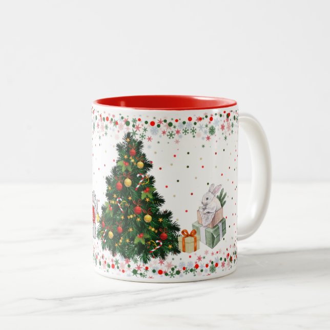 Bunnies Preparing for Christmas Two-Tone Coffee Mug (Front Right)