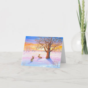 Bunnies Rabbits Winter Landscape Wildlife Art Holiday Card