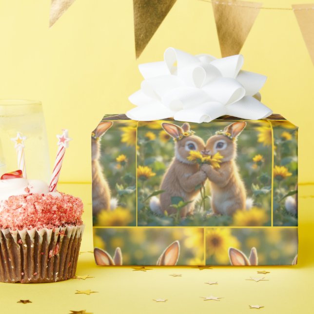 Bunnies Smelling a Yellow Sunflower Wrapping Paper (Birthday Party)
