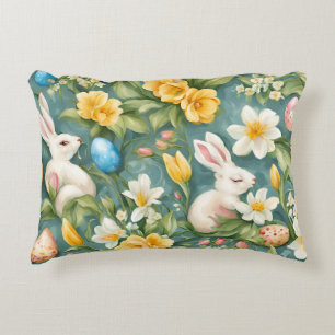 Bunnies, Spring Flowers and Easter Eggs. Painting Accent Pillow