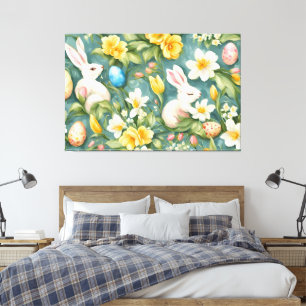 Bunnies, Spring Flowers and Easter Eggs. Painting Canvas Print
