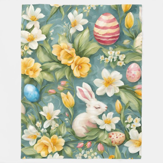 Bunnies, Spring Flowers and Easter Eggs. Painting Fleece Blanket (Front)