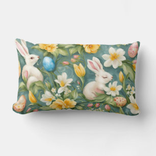 Bunnies, Spring Flowers and Easter Eggs. Painting Lumbar Pillow