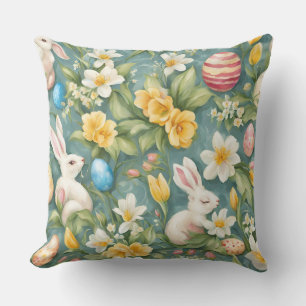 Bunnies, Spring Flowers and Easter Eggs. Painting Outdoor Pillow