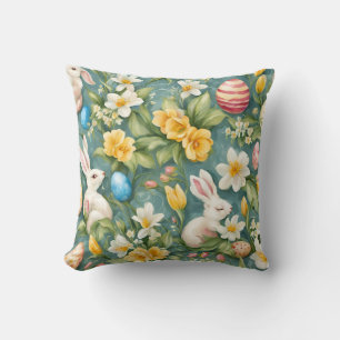 Bunnies, Spring Flowers and Easter Eggs. Painting Throw Pillow