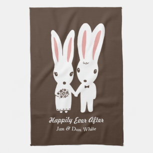 Bunnies Wedding Bride and Groom with Custom Text Kitchen Towel