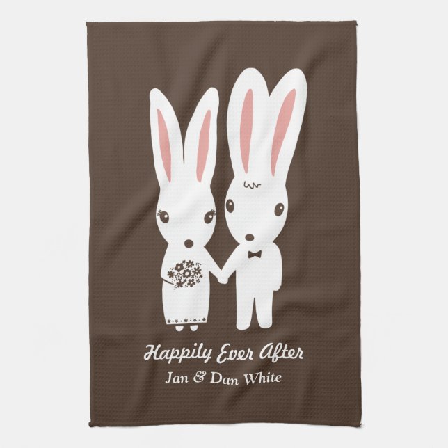 Bunnies Wedding Bride and Groom with Custom Text Kitchen Towel (Vertical)