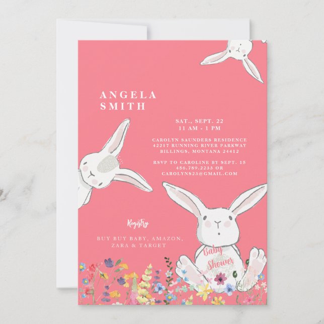 Bunnies & Wildflowers Colourful Baby Shower Invitation (Front)