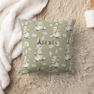 Bunnies with Carrots Green Daisy Flowers Birthday Throw Pillow