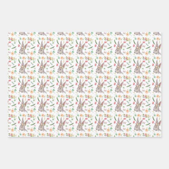 Bunnies with Flowers Wrapping Paper Sheet (Front)