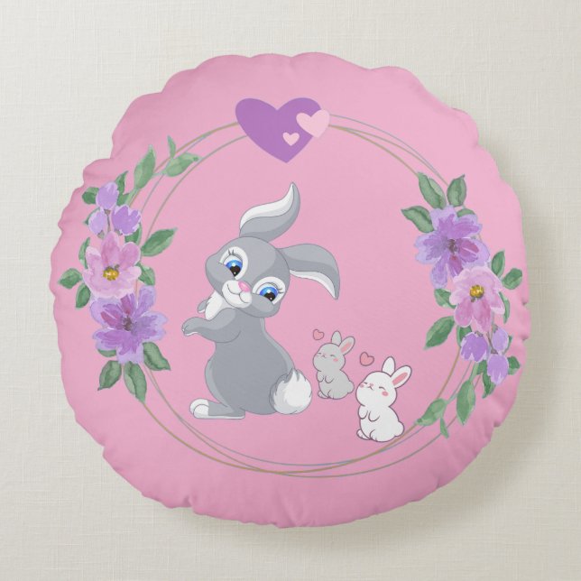 Bunnies with their Mama Round Pillow (Front)