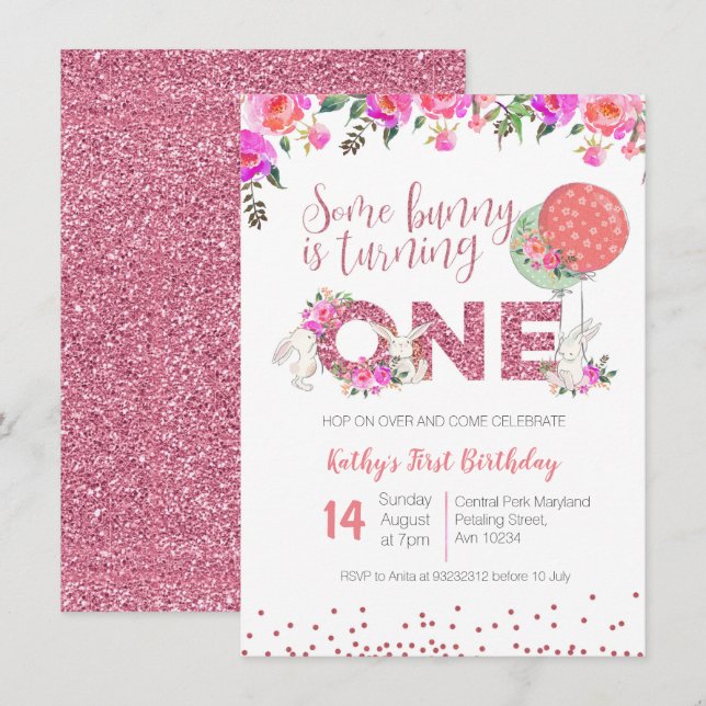 Bunny 1er anniversaire Floral Invitation parties s (Devant / Derrière)