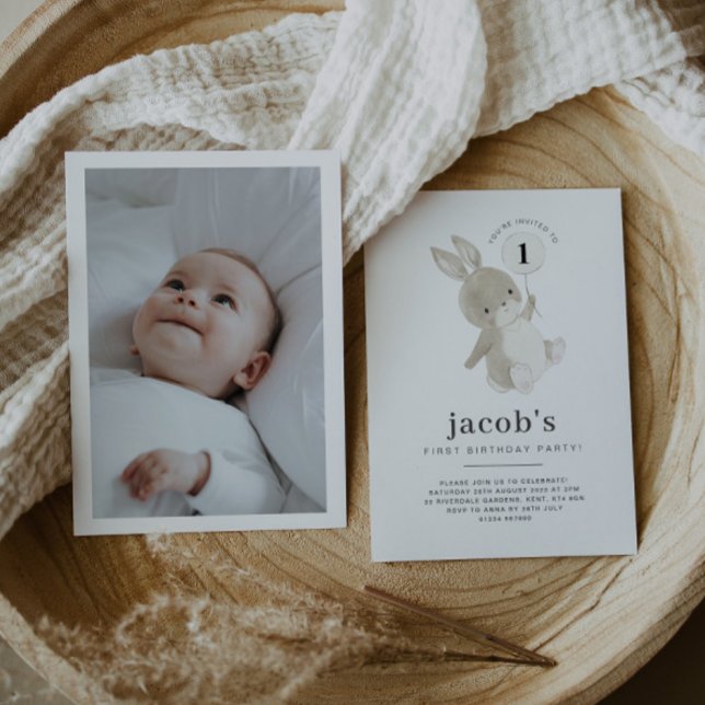 Bunny 1er Anniversaire Photo Invitation Ballons bl (Créateur téléchargé)