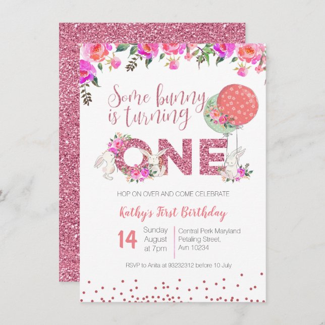 Bunny 1st Birthday Floral Invitation Pink glitter (Front/Back)