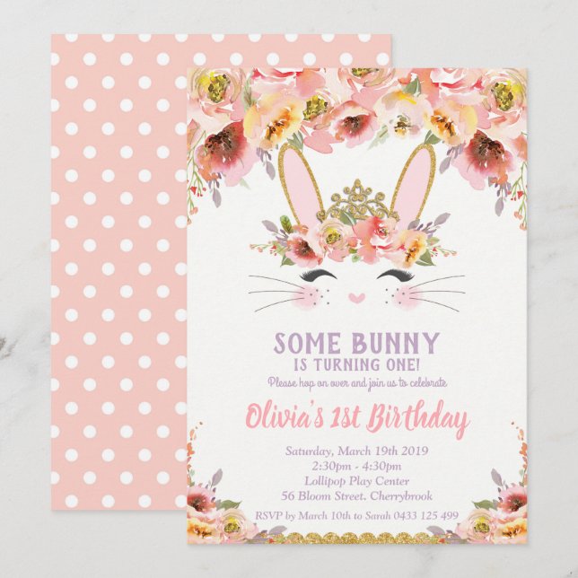 Bunny 1st Birthday Invitations Girls Floral Rabbit (Front/Back)