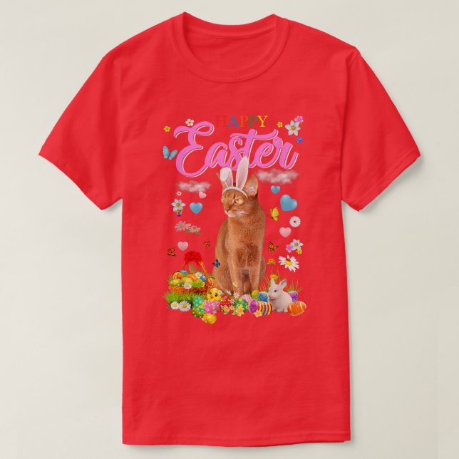 Bunny Abyssinian Cat Happy Easter Eggs  T-Shirt (Design Front)