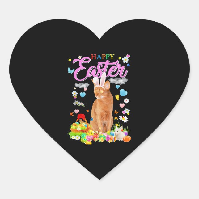 Bunny Abyssinian Cat Happy Easter Heart Sticker (Front)