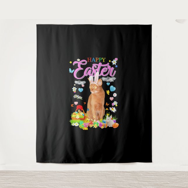 Bunny Abyssinian Cat Happy Easter Tapestry (Front)