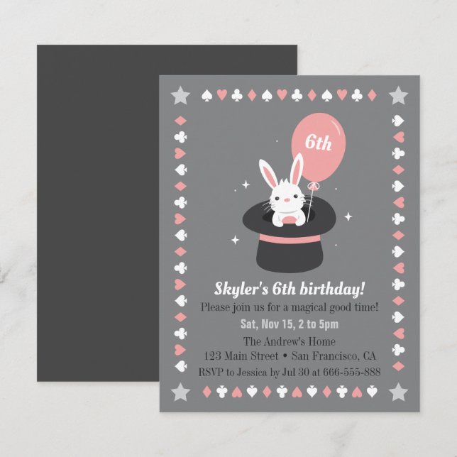 Bunny and Balloon Kids Magic Themed Birthday Party Invitation (Front/Back)