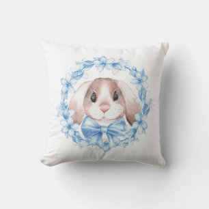 Bunny and blue wreath throw pillow