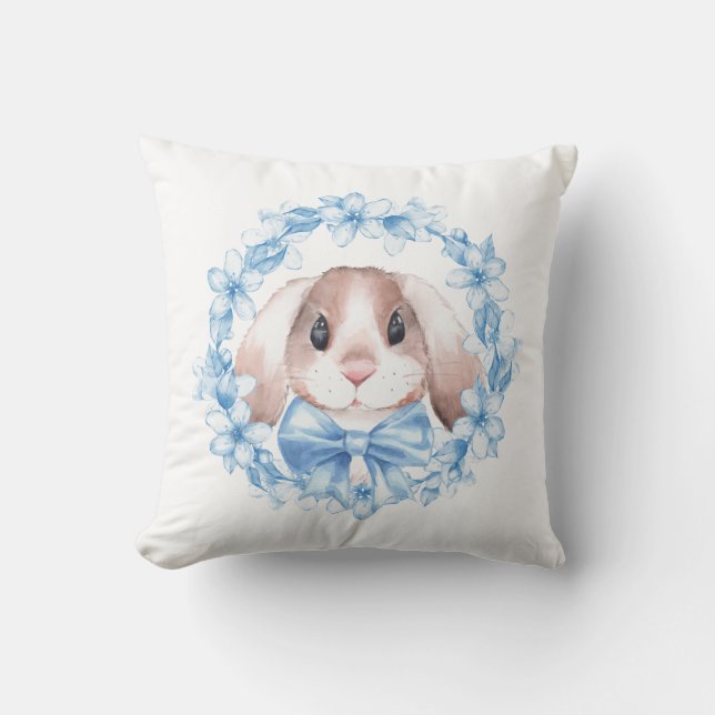 Bunny and blue wreath throw pillow (Front)