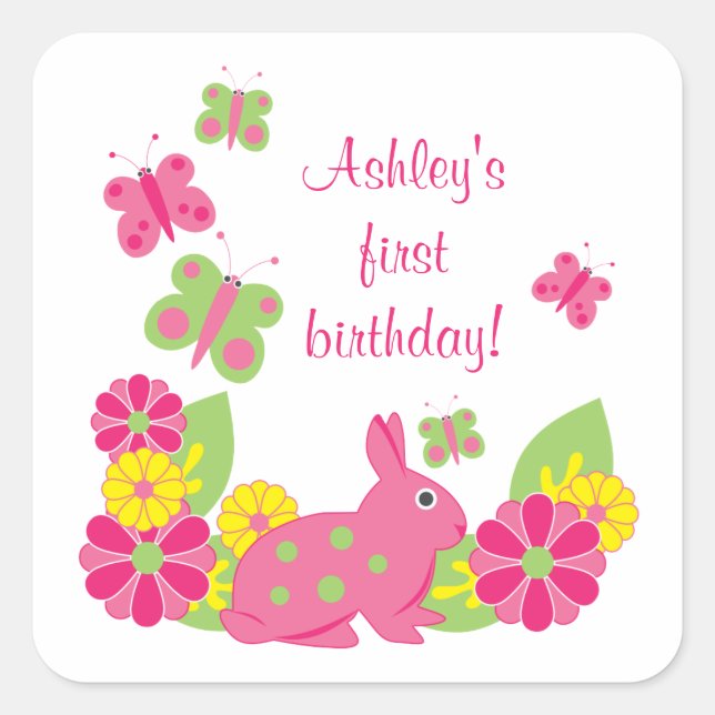 Bunny and Butterflies Girl's Birthday Stickers (Front)