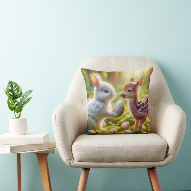 Bunny and Fawn With Easter Eggs Throw Pillow (Chair)