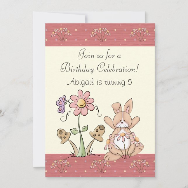 Bunny and Flowers Birthday Invitation for Girls (Front)