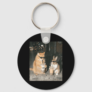 Bunny and Ginger Cat Drinking Boba Tea Funny 90s Keychain