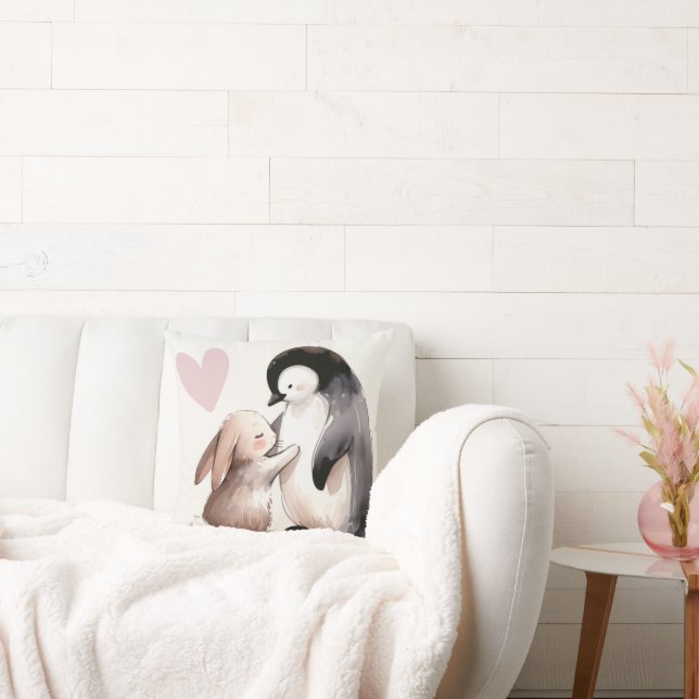 Bunny and Penguin Friendship Throw Pillow (Couch)