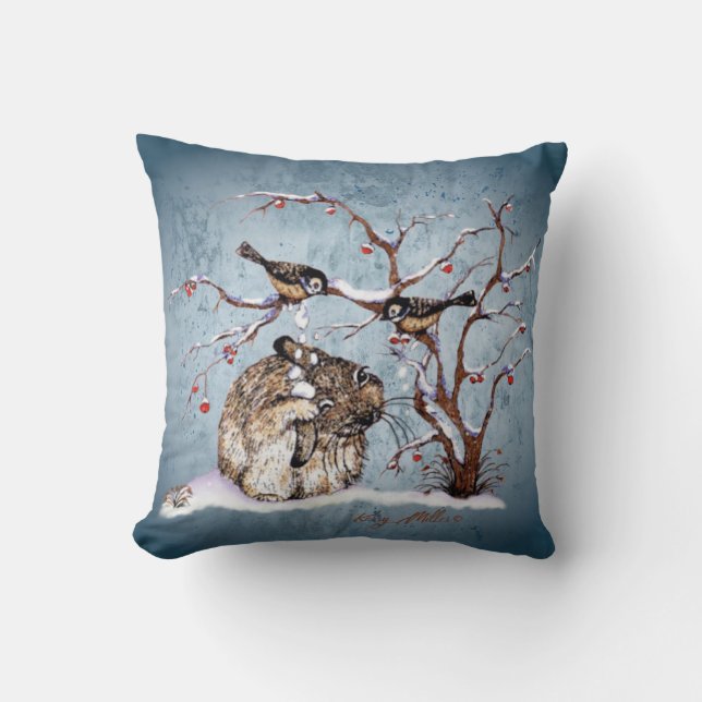 Bunny and Pesky Snow Birds Throw Pillow (Front)