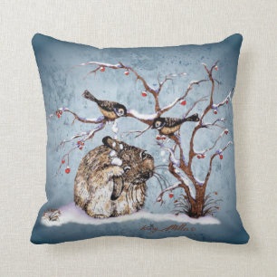 Bunny and Pesky Snow Birds Throw Pillow