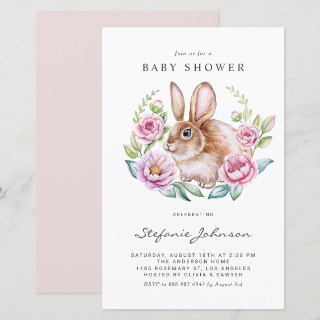 Bunny and Pink Flowers Baby Shower Invitation (Front/Back)